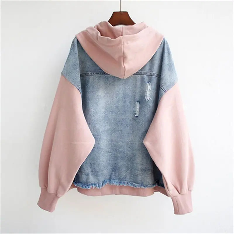 Fake Two-piece Denim Hoodies Coat Women Spring Autumn Trend Cardigan Hoodie Casual Loose Hooded Baseball Jacket Streetwear Woman.