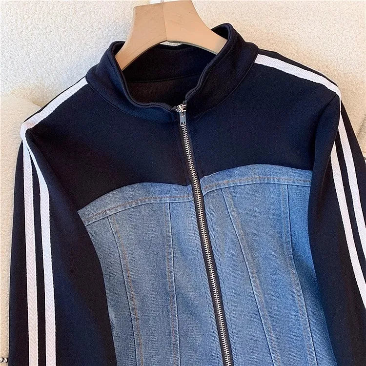 Pant Set Women Two Piece Sets Denim Splice Zipper Matching Sets Casual Coats Wide Leg Long Pants Lace Up Elastic Waist 2025.