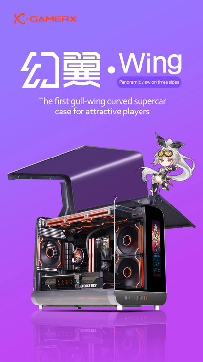 X-GAMERX HUANYI WING MATX Seaview room Case Vertical Desktop Computer 360 Water-cooled Chassis TYPE-C Interface With Screen.