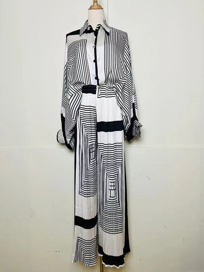 Designer's retro geometric print loose shirt two-piece set for Spring 2025 women's wear + pleated wide-leg pants fashion set.