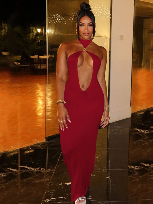 Seltsame Puss Sexy Frau Kleid Ärmellose Hohl Backless Metall Ringe Dünne Elastizität Einfache Party 2025, Sommer Trend Vestidos.