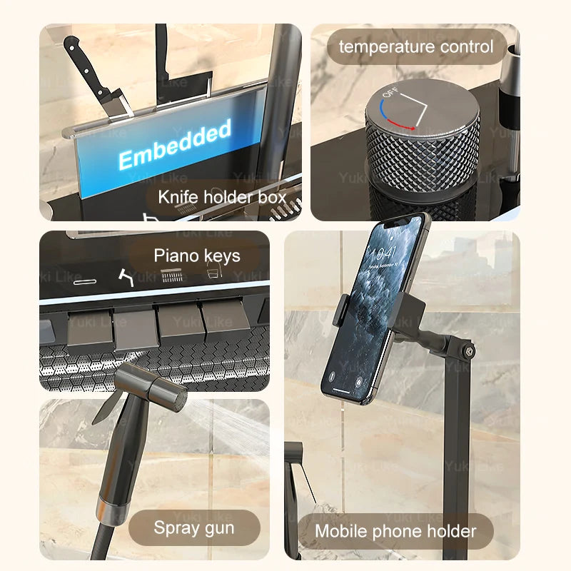 Stainless Steel Kitchen Sink Multifunctional Piano Button Waterfall Spout Faucet Digital Display Screen Dishwashing Basin