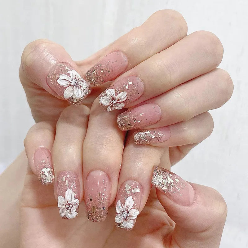 24Pcs Short Almond Press-On Nails Pink Floral French Tip Glossy&Elegant Full Cover Fake Nails for Women&Girls Spring,Daily Wear.