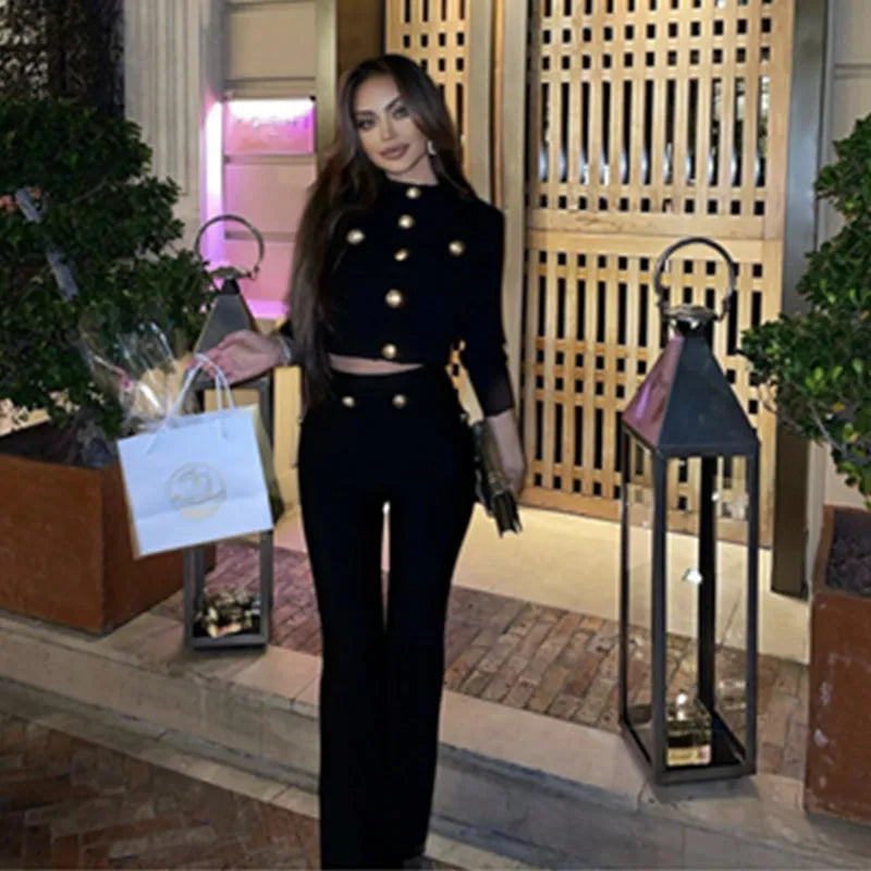 New Autumn Style Black Color Women Long Sleeve Button Rayon Bandage Coat Pants Fashion Women's Set High Street Celebrate Wear