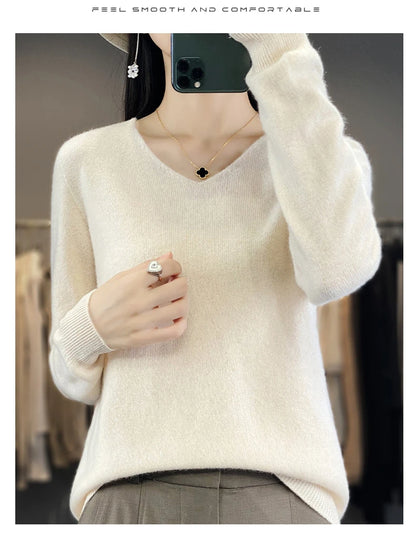 Women 100% Merino Wool Sweater V-Neck Basic Pullover Autumn Winter Cashmere Clothing Long Sleeve Soft Knitwear Tops Solid Color.