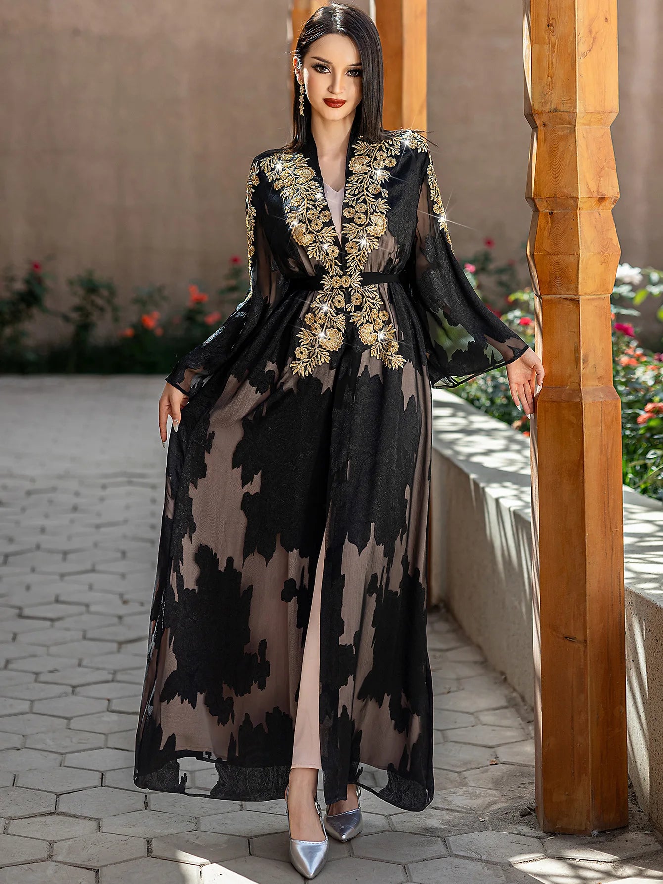 Fashion Lace Embroidered 2 Piece Set Robe Belt Abaya Dubai Kaftan Women Muslim Dress Morocco Caftan Ramadan Kebaya Jalabiya Gown.