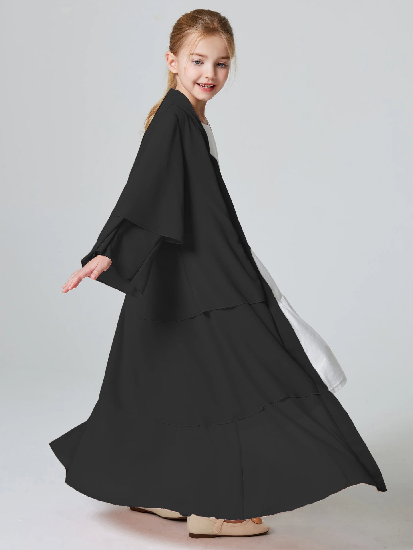 Ramadan Kebaya Muslim Girls Abaya 3 Layered Chiffon Kids Abaya Dress Open Front   Outerwear (Without Hijab).