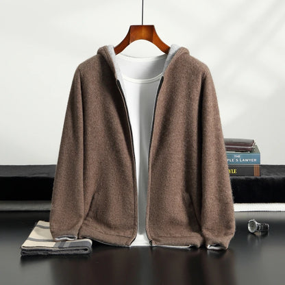 Autumn Winter Pure Cashmere Sweater Double-sided Cardigan Men's Casual Zipper Thickened Cashmere Knitted Hooded Sweater Coat.