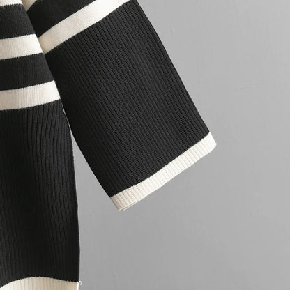 Muslim Women Knitting 2 Piece Sets Striped Sweater Pullover Top Wide Leg Pants Suit Outfits Knitwear Turtleneck Ensemble 2025.