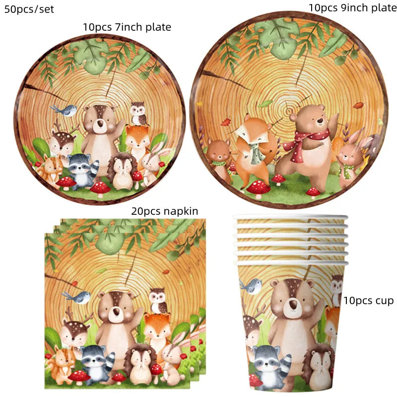 Woodland Tier Dschungel Wald DIY Party Dekoration Teller Tasse Tischdecke Geburtstag Party Baby Dusche Kinder Geburtstag Party Supplies