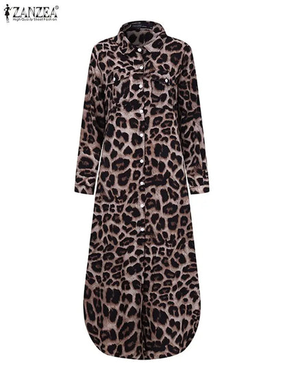 ZANZEA Party Vintage Leopard Robe Frauen 2025, Herbst Casual Langarm Maxi Lange Vestidos Kleid Mode Übergroßen Hemd Sommerkleid.