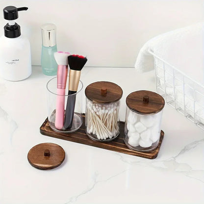 Transparent Acrylic round Wood Lid Cotton Swab Box Plastic Small Organizer Box Makeup Remover Cotton Storage Box Set.