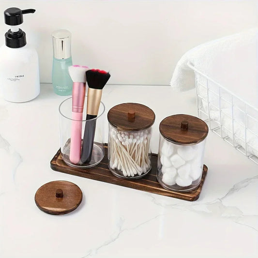 Transparent Acrylic round Wood Lid Cotton Swab Box Plastic Small Organizer Box Makeup Remover Cotton Storage Box Set.