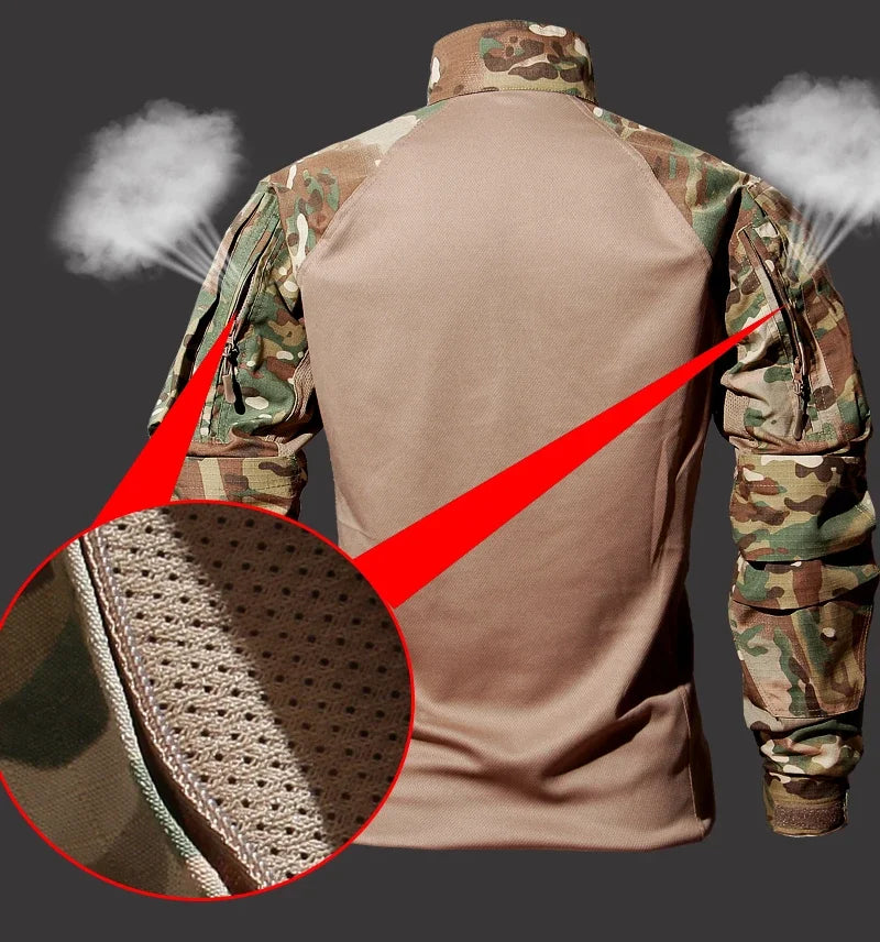 Autumn Tactical Sets Men Outdoor Breathable Short Sleeve Tshirt+Waterproof Straight Pant 2 Pcs Suits Camo Multi-pocket Cargo Set.