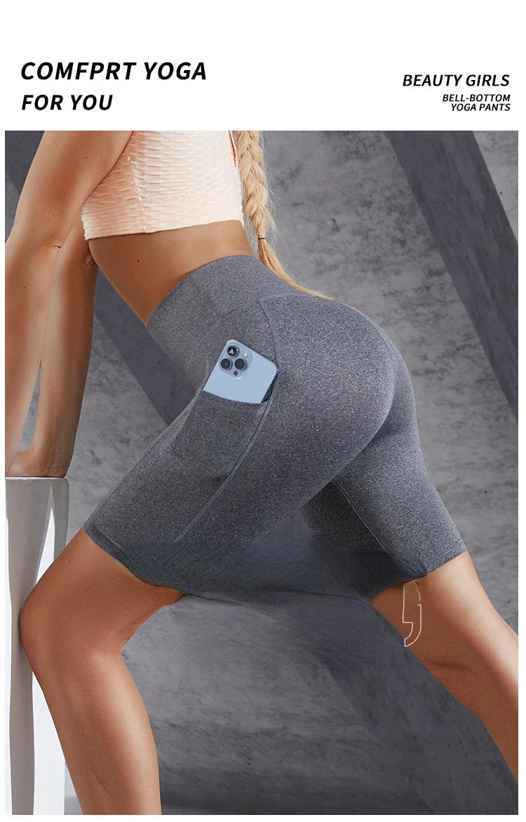 Double Pocket Sports Shorts Women Elastic Slim Shorts Gym Exercise Running High Waist Shorts Summer Yoga Casual Shorts for Women.