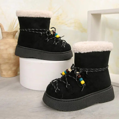 Chunky Platform Non Slip Furry Snow Boots Women 2025 Winter Soft Thick Bottom Warm Plush Ankle Boots Colorful Bead Lace Up Shoes