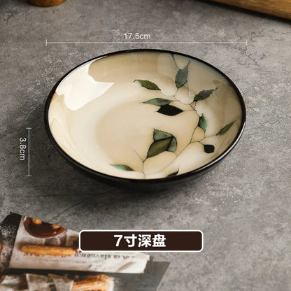 1Pc Vintage Bamboo Leaf Ceramic Bowl Salad Plate Exquisite Ceramic Cutlery Household Noodle Bowl Western Steak Cake Sushi Plate