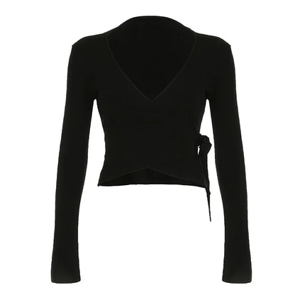 Apprabant Casual Fashion Drawstring High Waist Trousers Set Lace Up Flared Sleeve V Neck Twist Tops Plush Loose Pants Suit