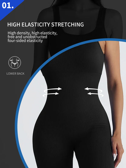 Women's jumpsuit yoga ribbed bodysuit seamless square neck leggings for sports and fitness.