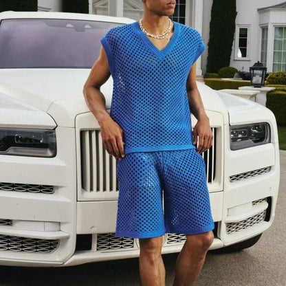New Men's Summer Casual Knit V Neck Two-piece Sets Fashion Solid Loose Tank Tops and Shorts Sport Suit Men Hollow Out Streetwear.