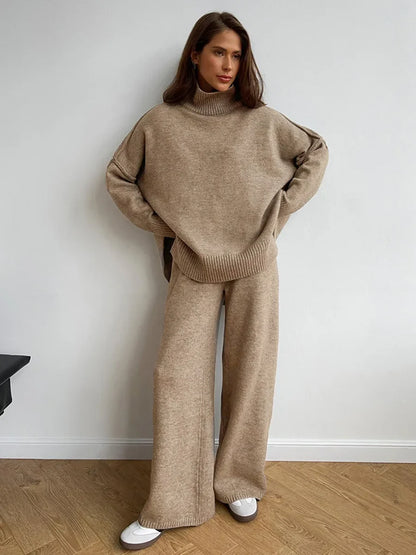 2025 Turtleneck Sweater Set Women's European, American Autumn and Winter New Loose Casual Lazy Thickened Knitted Trousers Set.