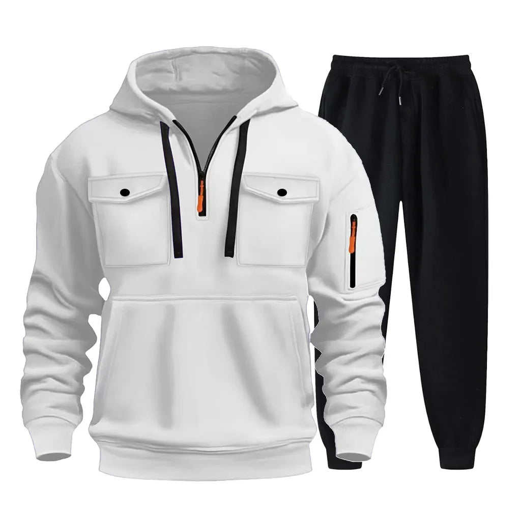 2025 new autumn/winter men's multi pocket zipper hooded sweatshirt+sports pants two-piece jogging and leisure fitness suit set.