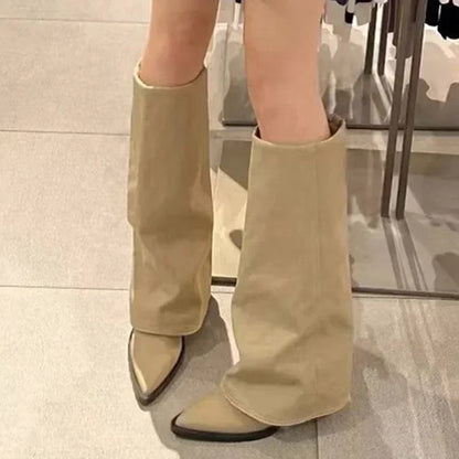 Knee High Heels Women Boots Leather Chunky Fashion Shoes Pointed Toe Snow Long Boots New Designer Pumps Punk Chelsea Botas Mujer.
