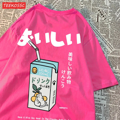 Cute Japanese Cat Print Oversized T-shirt Women Men Short Sleeve Loose Casual Tee Shirt Streetwear Tops Cotton Harajuku Clothing