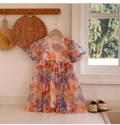 2023 sommer Kinder Kleidung Puff Sleeve Blumen Druck Kleid Für Mädchen Mesh Kinder Kleid für Mädchen