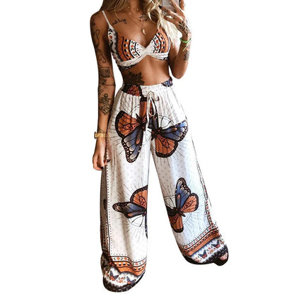 Sexy Two Piece Set Women Outfit 2025 Summer Butterfly Print V-Neck Cropped Top High Waist Drawstring Casual Wide Leg Pants Sets