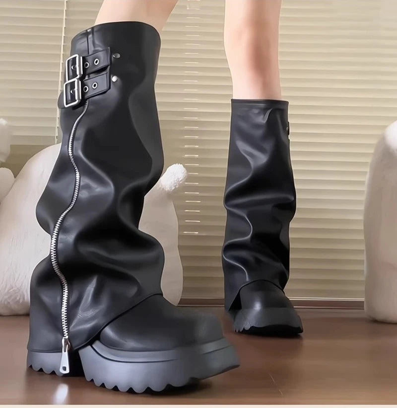 Punk Style Splicing Thick Bottom Women Knee-High Boots Fashion Zipper Female Pleated Knight Long Booties Shoes.