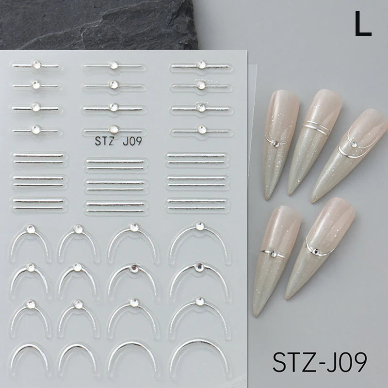 French Tips Nail Sticker 5D Embossed Crystal French Nail Decals Gold Silver Black Line Design Adhesive Slider Nails Art.