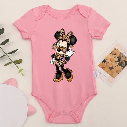 Niedliche Leopard Minnie Maus Disney Newbron Bodys Baby Kleidung Sommer Kurzarm Baumwolle Minnie Kawaii Stram pler Overall