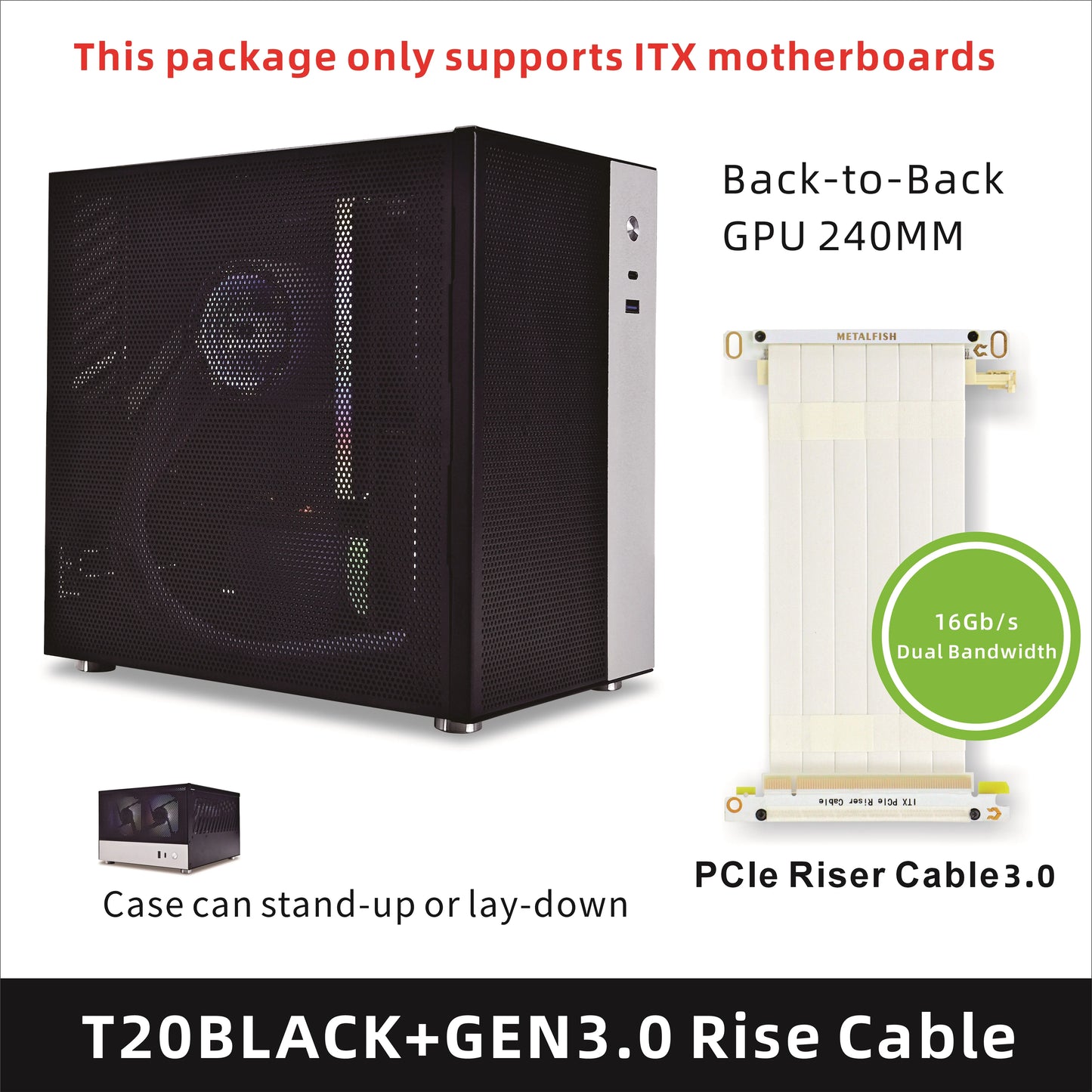 METALFISH T20 Mini ITX White Case 9L Compact PC Chassis Support Flex PSU/240mm GPU/100mm Cooler/180 Liquid Cooler