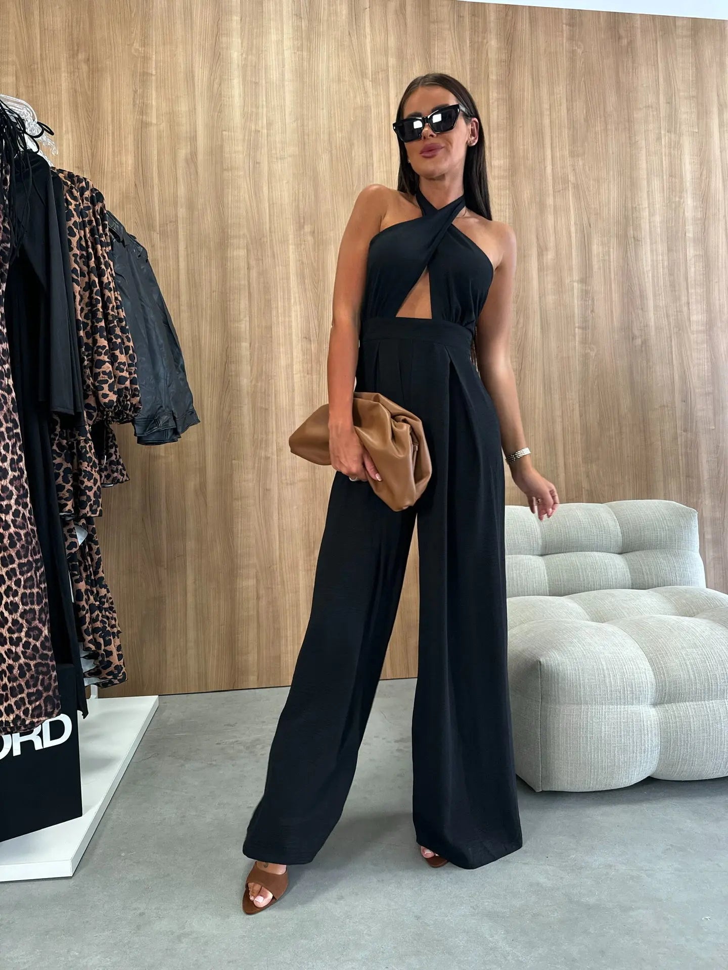 Sexy Backless Halter Neck Sleeveless Bandage Jumpsuit Summer Women Fashion Red Black Hollow Out Wide Leg Jumpsuits Streetwear