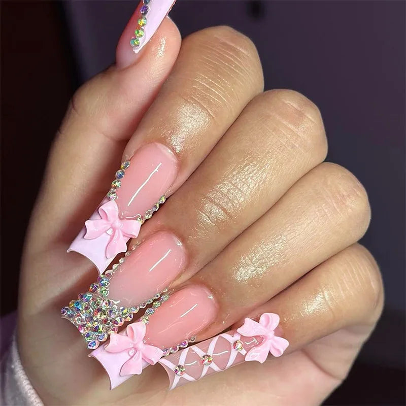 24Pcs Ballet Square Pink Press on Bow Nails 3D Flower with Bandage Design French Nail Tips for Women&Girls Daily,Spring wear