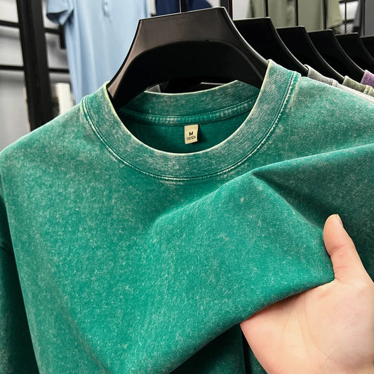 Personality washed vintage short sleeve T-shirt high-end 100% pure cotton men fashion round neck comfort lightweight casual top.