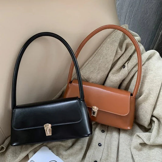 Fashion Retro Women's Shoulder Bag Simple Solid Colour Handbag Vintage Underarm Bag.