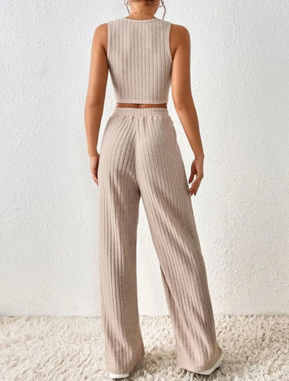 New Spring Solid Color Fashion Casual Knitted Cotton Waist Sleeveless Tank Top High Waist Pants Set For Women's Clothing