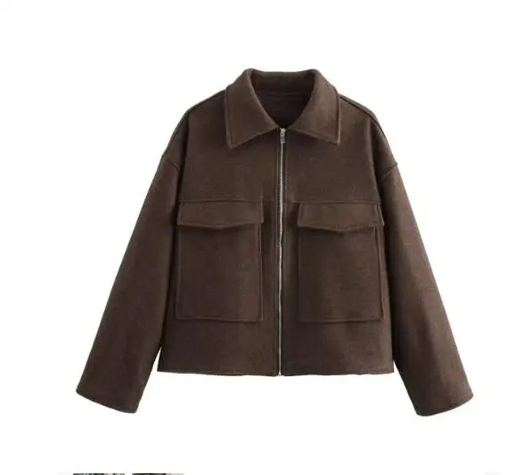 2025 frauen Elegante Feste Mantel Zipper Langarm Tasche Bomber Jacke Weibliche Casual Weiche Woolen Lose Streetwear Mäntel.