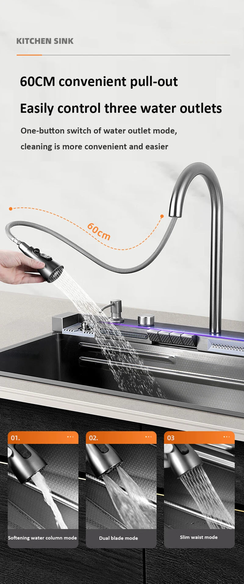 68x46cm Large Capacity Kitchen Sink Faucet Whale Waterfall Design Multifunctional Single Tank Home Appliance Fashionable