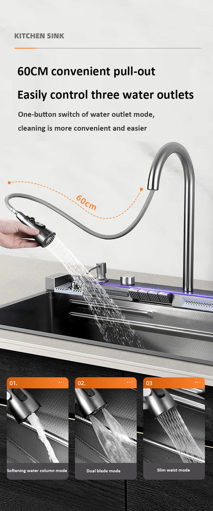 68x46cm Large Capacity Kitchen Sink Faucet Whale Waterfall Design Multifunctional Single Tank Home Appliance Fashionable