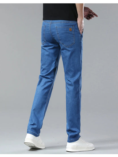 Men's Ice Silk Jeans Summer New Lyocell Thin Business Casual Denim Pants Classic All Match Slim Fit Straight Elastic Jean Male.