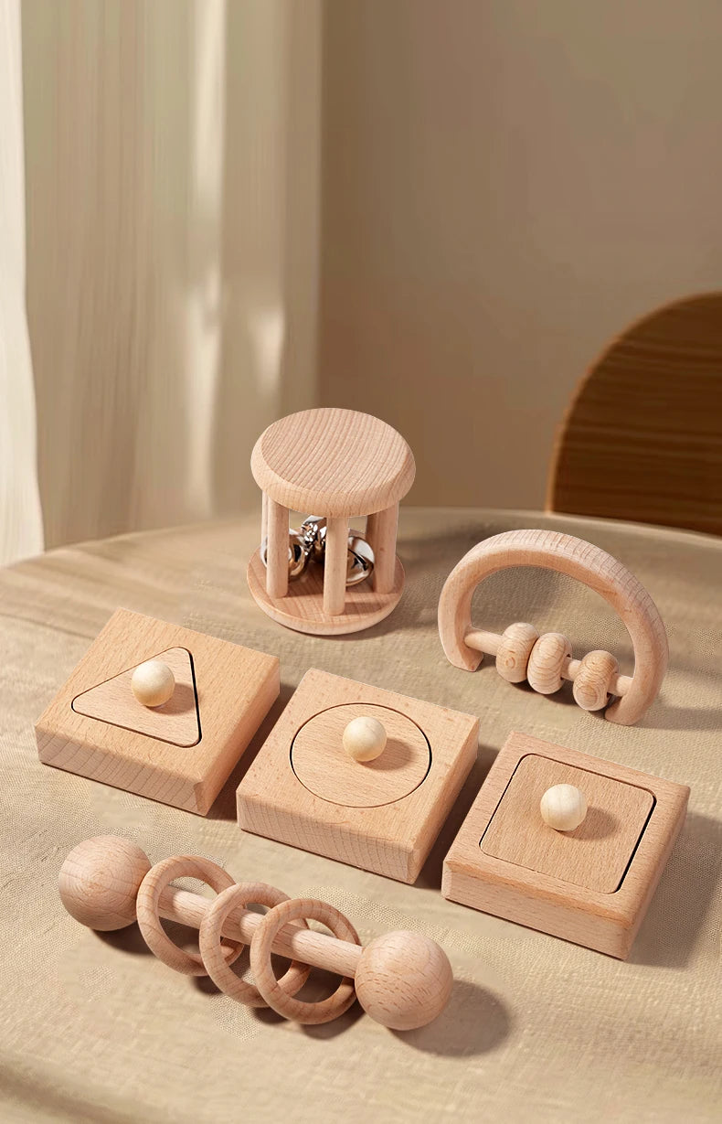 Wooden Geometric Shapes Sorting Montessori Puzzle Toys Baby Toys Wooden Rattles Ring Rattles Sensory Toys Preschool Education.