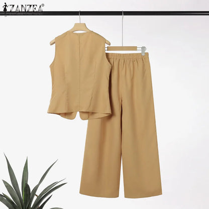 ZANZEA 2025 Summer Outfits Women Fashion Matching Sets V Neck Sleeveless Tanks Tops Trousers Suit 2PCS Solid Work OL Tracksuits.