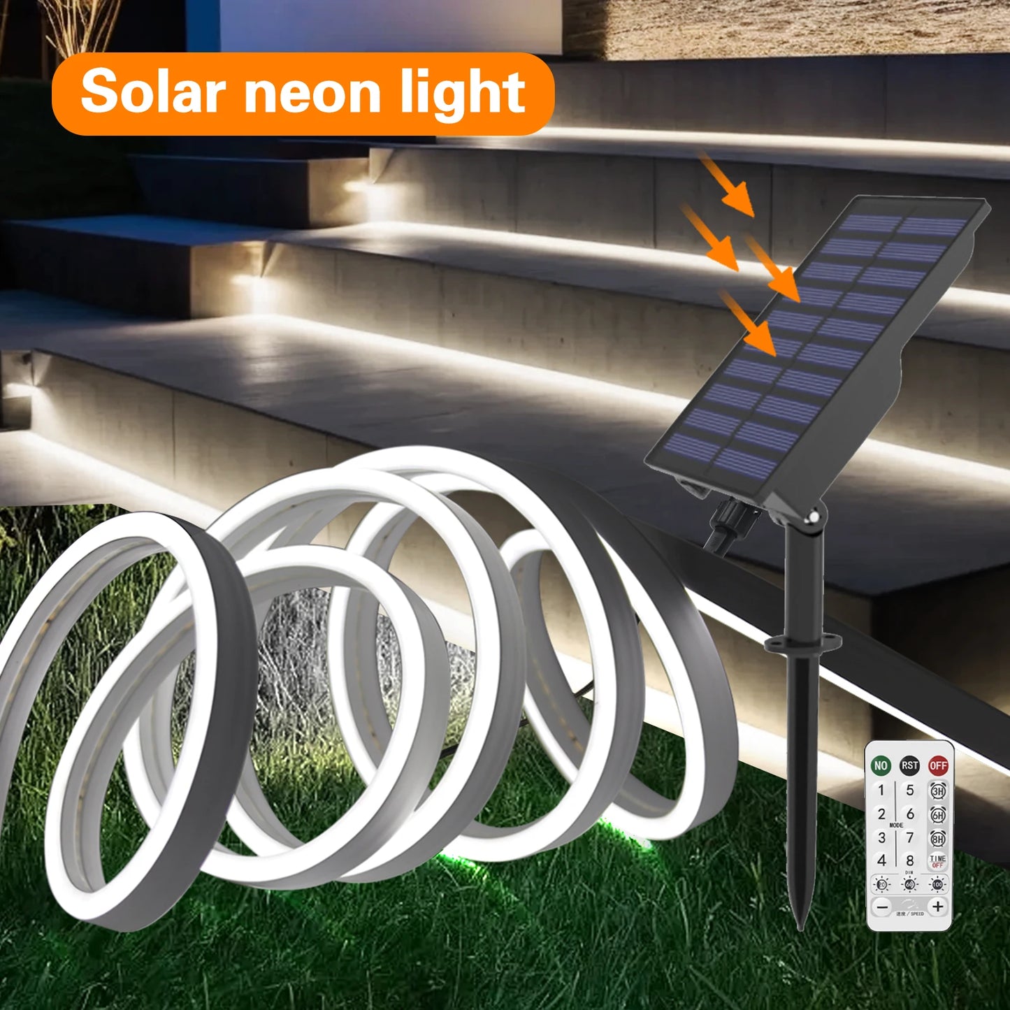 10M Solar Neon LED Strip Outdoor Pool IP67 Waterproof Flexible 2835 LED Tape Light Sign With Remote 24V 120LEDs/M Tube Diode.