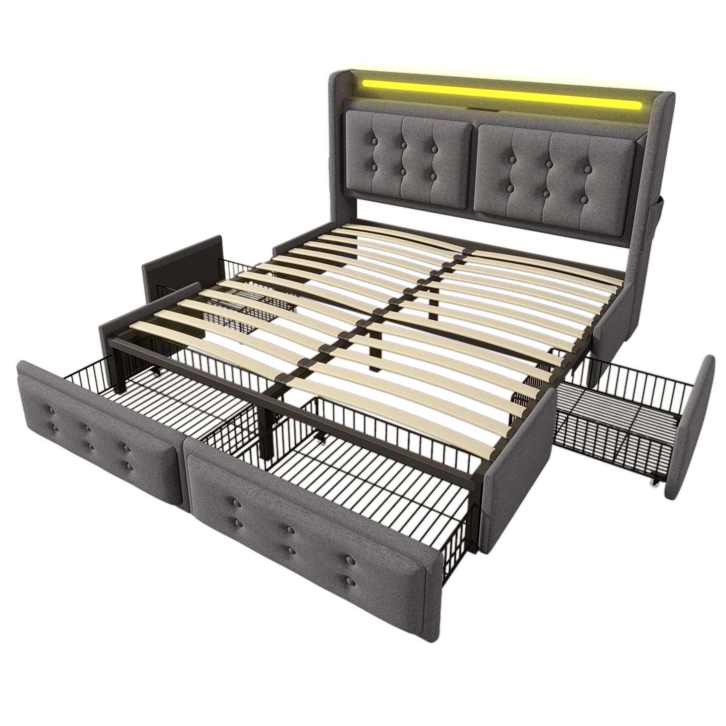 KOMHTOM Doppelbett Baumwolle - LED-Kopfteil, USB C Ladefunktion, 4 Schubladen, ohne Matratze