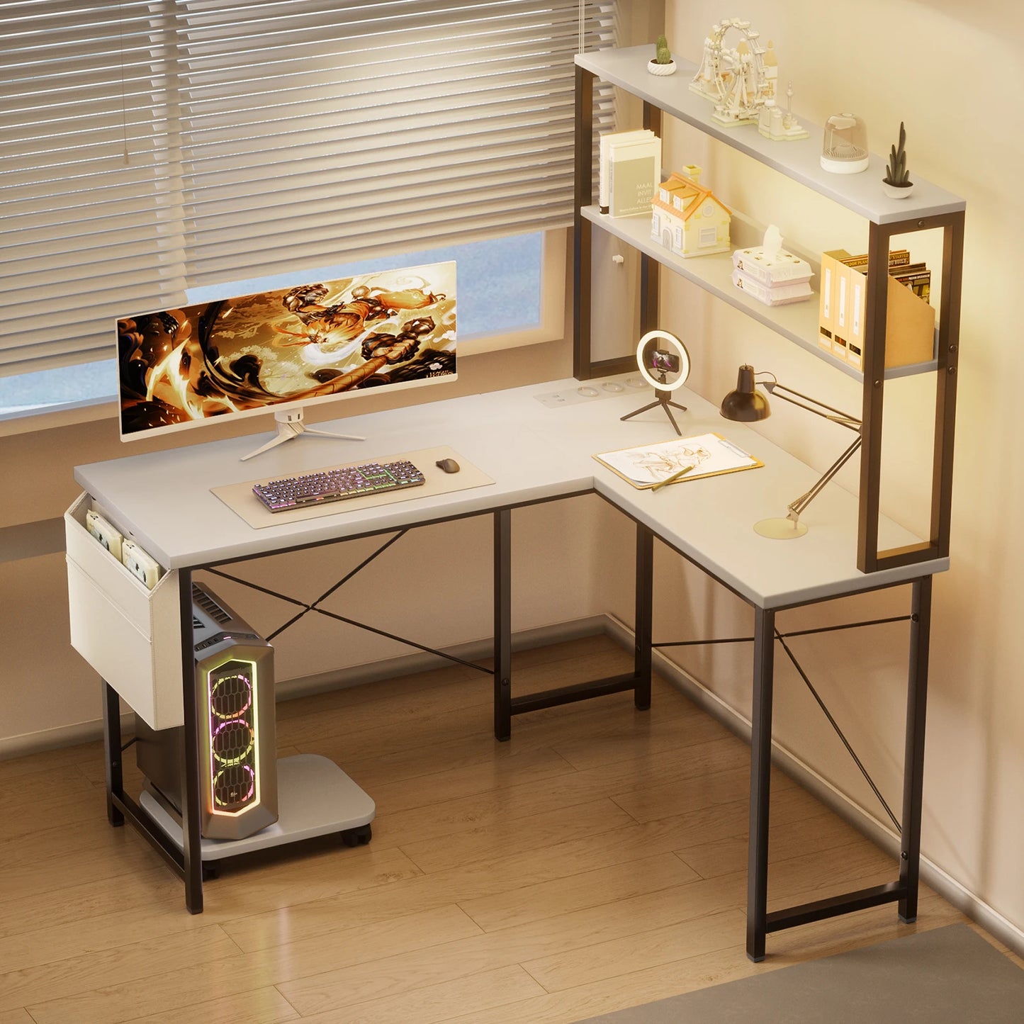 Weißer L-förmiger Schreibtisch mit LED Beleuchtung Doppelregal USB Steckdosen Gaming und Arbeitstisch