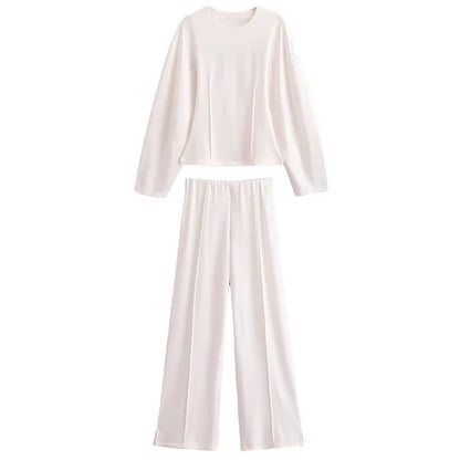 HH Women's 2-Piece Set Fashion Slimming Double-Sided Fabric Round Neck Long-Sleeve Top+Elegant Stretch Casual Wide Leg Pants