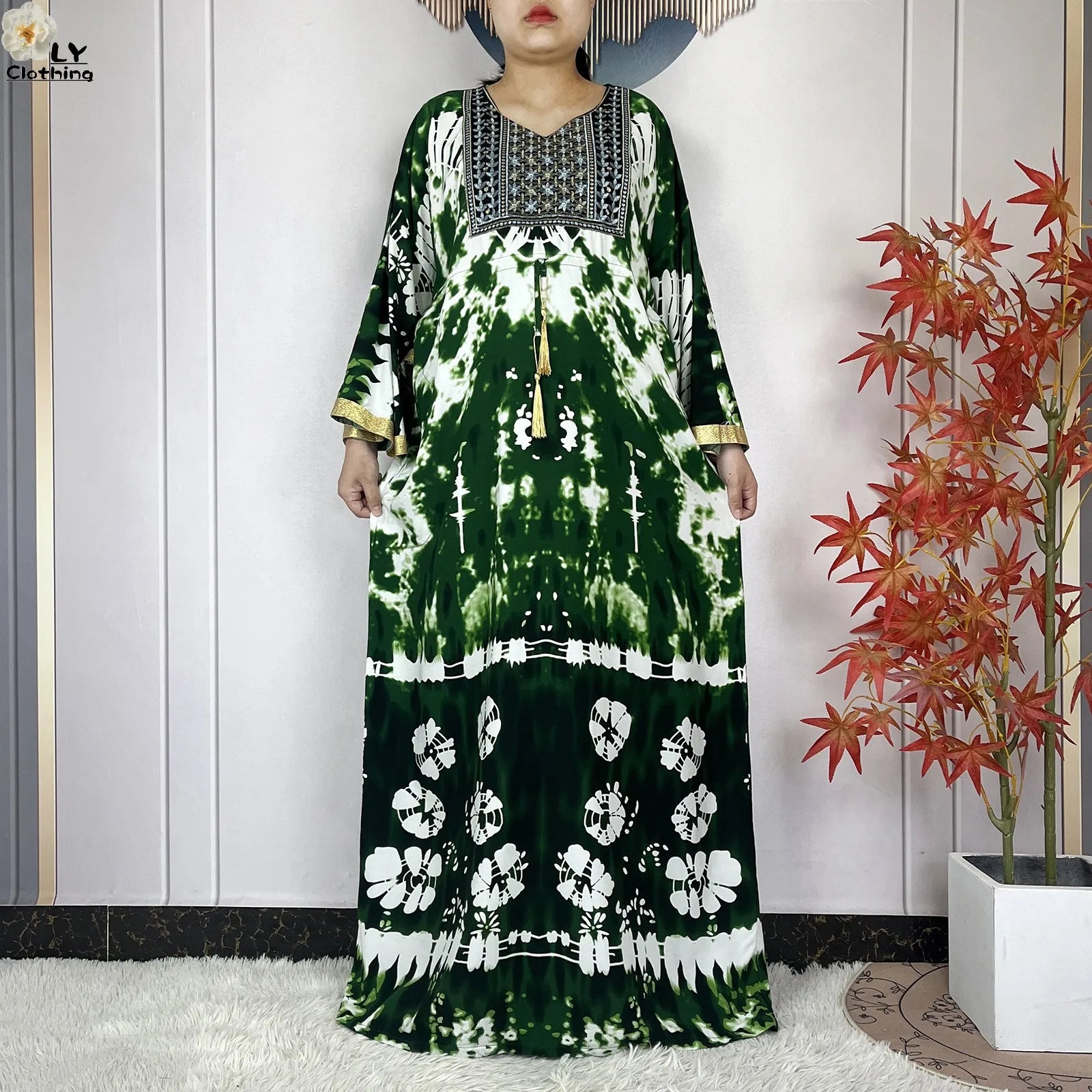 2025 New African Abaya For Women Dress Loose Batwing Sleeve Pockets High-quality Tie-dye Pure Cotton Fabric Women Islam Clothing.